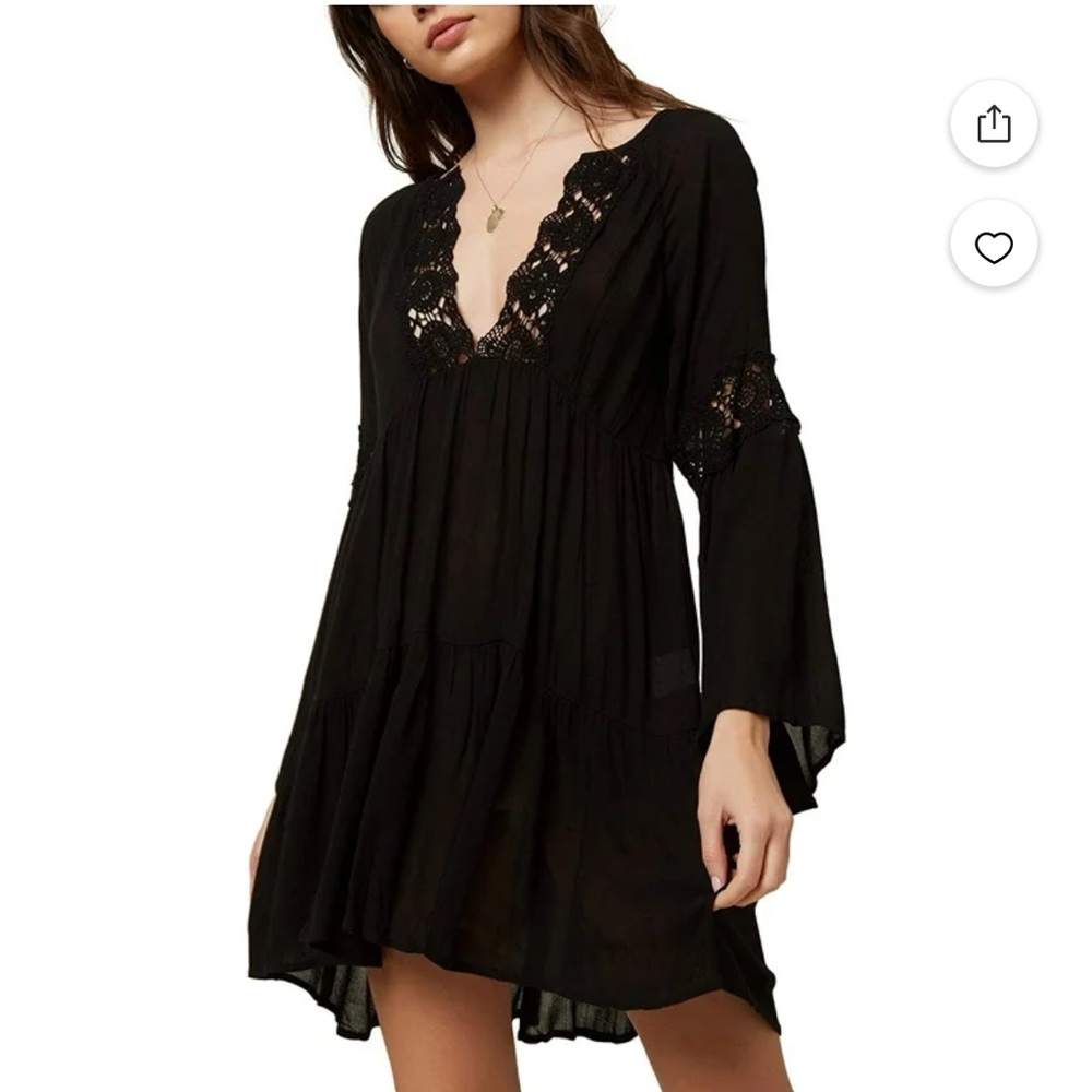 O’Neill Saltwater Solid Bell Sleeve Crochet Mini Dress/CoverUp Boho Black Medium
